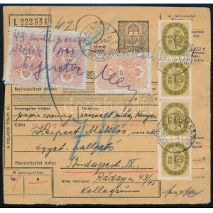 1946 (17. díjszabás) Csomagszállító 9 kg-os csomagról, 28 bélyeggel kiegészítve és 3 db okmánybélyeggel ALSÓÖRS ...