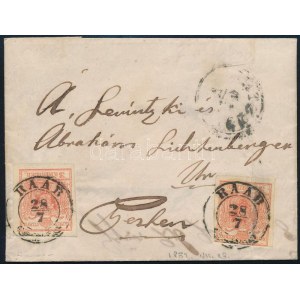 1852 2 x 3kr levélen (egyik bélyeg hajtott) / on cover (1 stamp is folded) RAAB - Pest