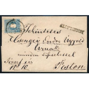 ~1858 15kr (hajtott) + 10kr (kettétépett) ajánlott levélen / 15kr (folded) + 10kr (torn in two) on registered cover ...