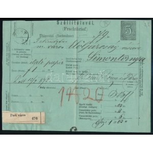 1872 5kr Utánvételes szállítólevél / 5kr COD parcel card PEST - Simontornya