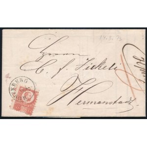 1873 Réznyomat 5kr elfogazva levélen / with shifted periforation on cover RUSZKBERG ...