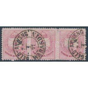 1874 5kr hármascsík, 13 fogazás / perforation GELD-ANWSNG / WARASDIN