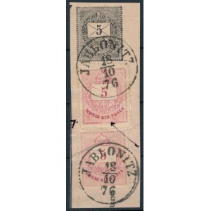 1874 2 x 5kr díjjegyes kivágáson, javítással / 2 x 5kr on cutting with retouches JABLONITZ