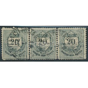 1874 20kr hármascsík, mindegyik bélyegen ernyős javítás / stripe of 3 with retouches