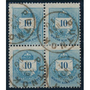 1881 10kr négyestömb elfogazva, gyöngyjavítással / shifted perforation, retouche
