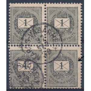 1889 1kr négyestömb lemezhibával / block of 4 with plate flaw