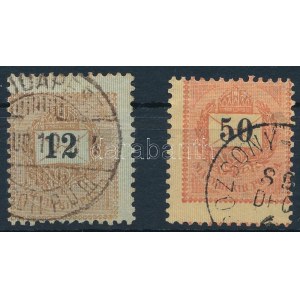 1889 12kr + 50kr durva elfogazással / Mi 33, 38 with shifted perforation
