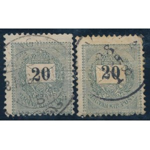 1889 2 db 20kr lecsúszott és felcsúszott értékszámok / Mi 35 2 stamps with shifted perforation