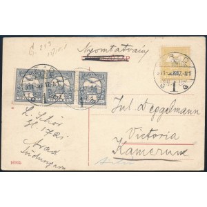 1911 Képeslap 3 x Turul 1f és 2f bérmentesítéssel Kamerunba küldve / Postcard with 3 x 1f + 2f franking to Cameroon ...