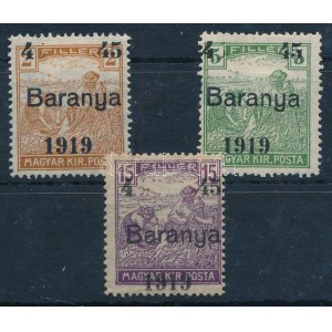 Baranya I. 1919 3 klf érték, mindegyiken hiányzó 5-ös számjegy a bal oldalon / 3 stamps with missing 5...