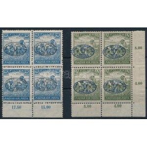 Debrecen I. 1919 Arató 25f és 40f négyestömb / Mi 21, 24 blocks of 4. Signed: Bodor