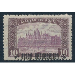 Nyugat-Magyarország III. 1921 Parlament 10K fordított felülnyomással / Mi 30 with inverted overprint. Signed...