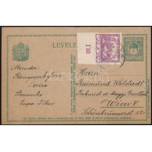 1919 8f díjjegyes levelezőlap csehszlovák bélyeggel kiegészítve Léváról Bécsbe / 8f PS...