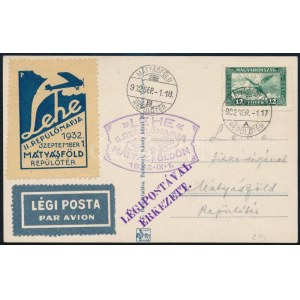 1932 Légi Képeslap levélzáróval és alkalmi bélyegzéssel ...