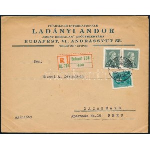 1934.09.11. 2. súlyfokozatú ajánlott levél Arcképek 2 x 50f + 10f bérmentesítéssel Peruba küldve...