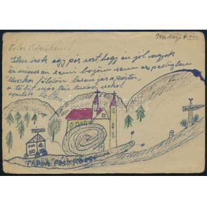 1944 Rajzos tábori posta levelezőlap / Field postcard with drawing