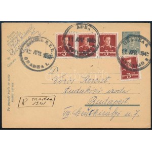 Nagyvárad 1945 Ajánlott román díjjegyes levelezőlap 4 db román bélyeggel kiegészítve Budapestre...