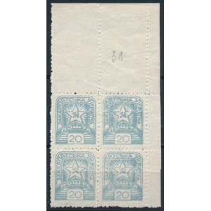 Kárpát-Ukrajna 1945 20f ívsarki négyestömb, szürkéskék / corner block of 4, greyish blue