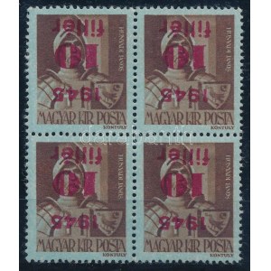 1945 Kisegítő 10f/4f négyes tömb fordított felülnyomással (20.000) / Mi 778 block of 4 with inverted overprint...