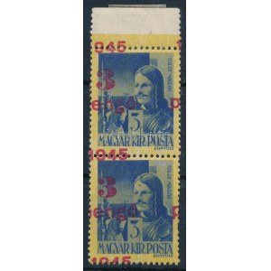 1945 Kisegítő 3P/3f pár elcsúszott felülnyomással / Mi 805 pair with shifted overprint