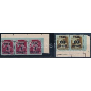 1945 Kisegítő 4P/30f ívsarki hármascsík és 10P/80 ívsarki pár látványosan elfogazva / Mi 807 corner stripe of 4 ...