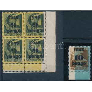 1945 Kisegítő 9P/1f négyestömb + 10P/80f elcsúszott alapnyomattal / Mi 813 block of 4 ...