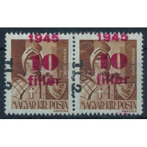 1946 Betűs TI.2./10f/4f pár elcsúszott felülnyomással / Mi 866 pair with shifted overprint