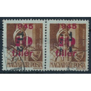 1946 Betűs TI.2./10f/4f pár, a jobb oldali bélyeg részleges, szétcsúszott felülnyomással / Mi 866 pair, the right stamp...