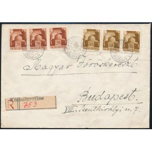 1945 (1. díjszabás) Távolsági ajánlott levél érdekes szükségragjeggyel és 6 db bélyeggel ...