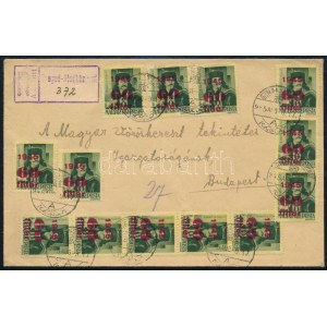 1945 (2. díjszabás) Távolsági ajánlott levél 8P bérmentesítéssel, 13 x 60f/8f bélyeggel. 20f tarifahiány...