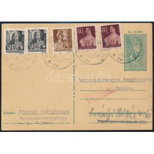 1945 (2. díjszabás) Díjjegyes levelezőlap 5 db infláció előtti bélyeggel bérmentesítve / Őostcard franked with 5 pre...