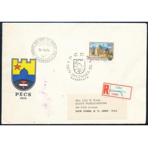 1974 Tájak-városok III. Pécs 50Ft vágott bélyeg futott ajánlott FDC-n New Yorkba érkezési bélyegzéssel ...
