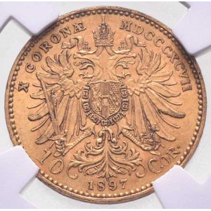 František Josef I., 1848 - 1916, 10 Koruna 1897 (3.37g), mince zatavena v etui NGC -