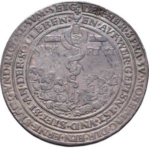 Jáchymov : mincmistr Oldřich Gebhart, 1527 - 1530, Vztyčení měděného hada, nápis a dva opisy/ ukřiž