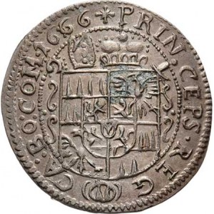 Olomouc-biskup., Karel II. Liechtenstein, 1664 - 1695, 3 Krejcar 1666, S-V.316 (D6/B6), 1.918g, skv
