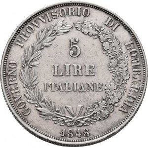 Revoluční vláda v Miláně, 1848 - 1849, 5 Lira 1848 M, Cr.22.3 (Ag900), 24.942g, dr.hr.,