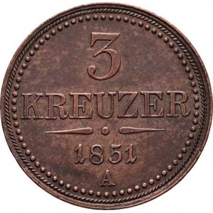 Konvenční měna, údobí let 1848 - 1857, 3 Krejcar 1851 A, 16.425g, dr.hr., pěkná patina,