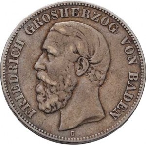 Badensko, Friedrich I., 1856 - 1907, 5 Marka 1876 G, Karlsruhe, KM.263.1 (Ag900), 27.369g,