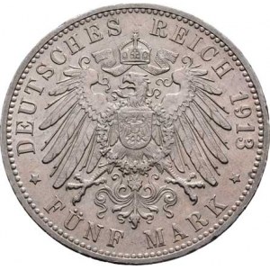 Badensko, Friedrich II., 1907 - 1918, 5 Marka 1913 G, Karlsruhe, KM.281 (Ag900), 27.812g,