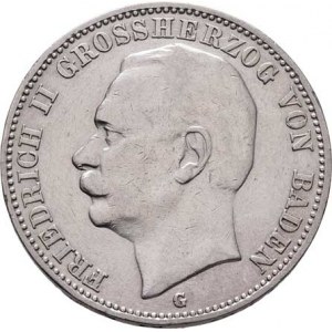 Badensko, Friedrich II., 1907 - 1918, 3 Marka 1909 G, Karlsruhe, KM.280 (Ag900), 16.619g,