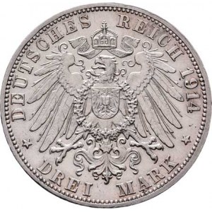 Badensko, Friedrich II., 1907 - 1918, 3 Marka 1914 G, Karlsruhe, KM.280 (Ag900), 16.698g,