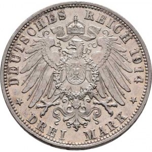 Bavorsko, Ludwig III., 1913 - 1918, 3 Marka 1914 D, Mnichov, KM.520 (Ag900), 16.664g,