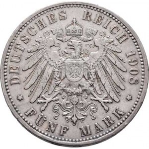 Prusko, Wilhelm II., 1888 - 1918, 5 Marka 1908 A, Berlín, KM.523 (Ag800), 27.684g,