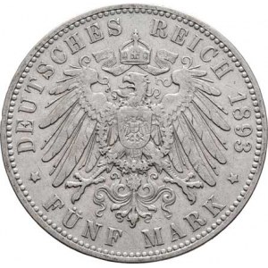 Sasko, Albert, 1873 - 1902, 5 Marka 1893 E, Drážďany, KM.1246 (Ag900, pouze