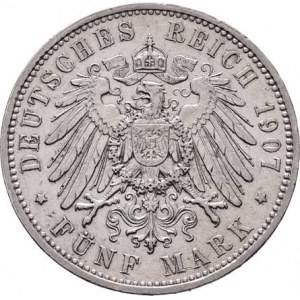 Sasko, Friedrich August III., 1904 - 1918, 5 Marka 1907 E, Drážďany, KM.1266 (Ag900), 27.728g,