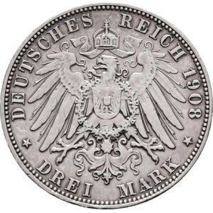 Sasko, Friedrich August III., 1904 - 1918, 3 Marka 1908 E, Drážďany, KM.1267 (Ag900), 16.561g,