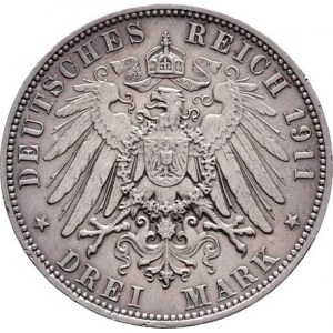 Sasko, Friedrich August III., 1904 - 1918, 3 Marka 1911 E, Drážďany, KM.1267 (Ag900), 16.594g,