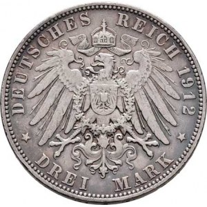 Sasko, Friedrich August III., 1904 - 1918, 3 Marka 1912 E, Drážďany, KM.1267 (Ag900), 16.478g,