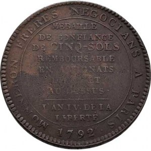 Francie - revoluční ražby, Ludvík XVI., 1774 - 1793, 5 Sols 1792 - IV.rok revoluce - medailová ražb