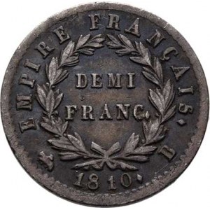 Francie, Napoleon I. - císař, 1804 - 1814, 1815, 1/2 Frank 1810 B, Rouen, KM.691.2 (Ag900), 2.459g,